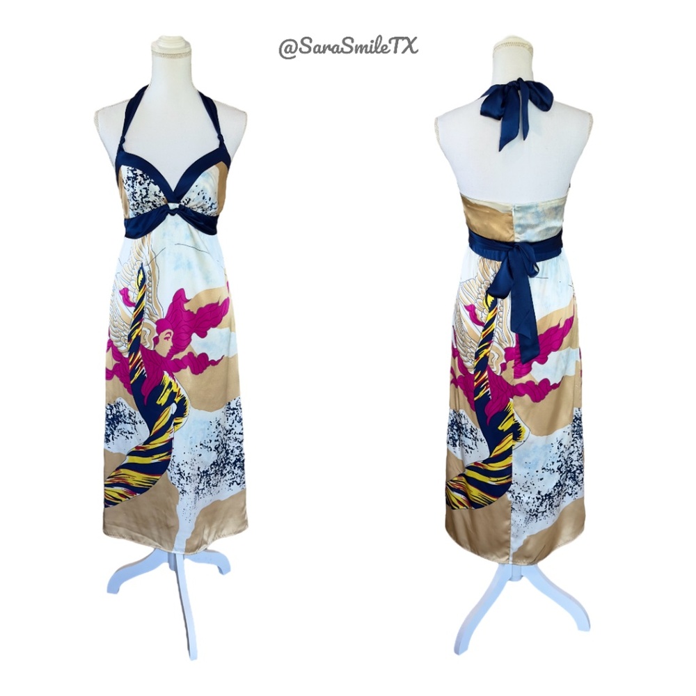 VOOM BY JOY HAN - Goddess - Designer Silk Artistic Print Halter Midi Dress -NWOT